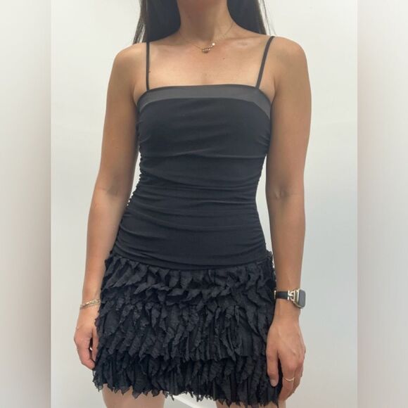 Vintage Y2K Black Spaghetti Strap Ruffle Hem Square Neck Party Mini Dress S - Picture 1 of 11